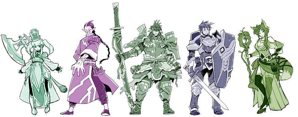 From Left to Right: Dorf Cleric, Elf Monk, Samurai, Human Guardian, Foxtail Druid