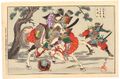 An 1898 portrayal of Tomoe Gozen in battle, created by the artist Toyohara Chikanobu.